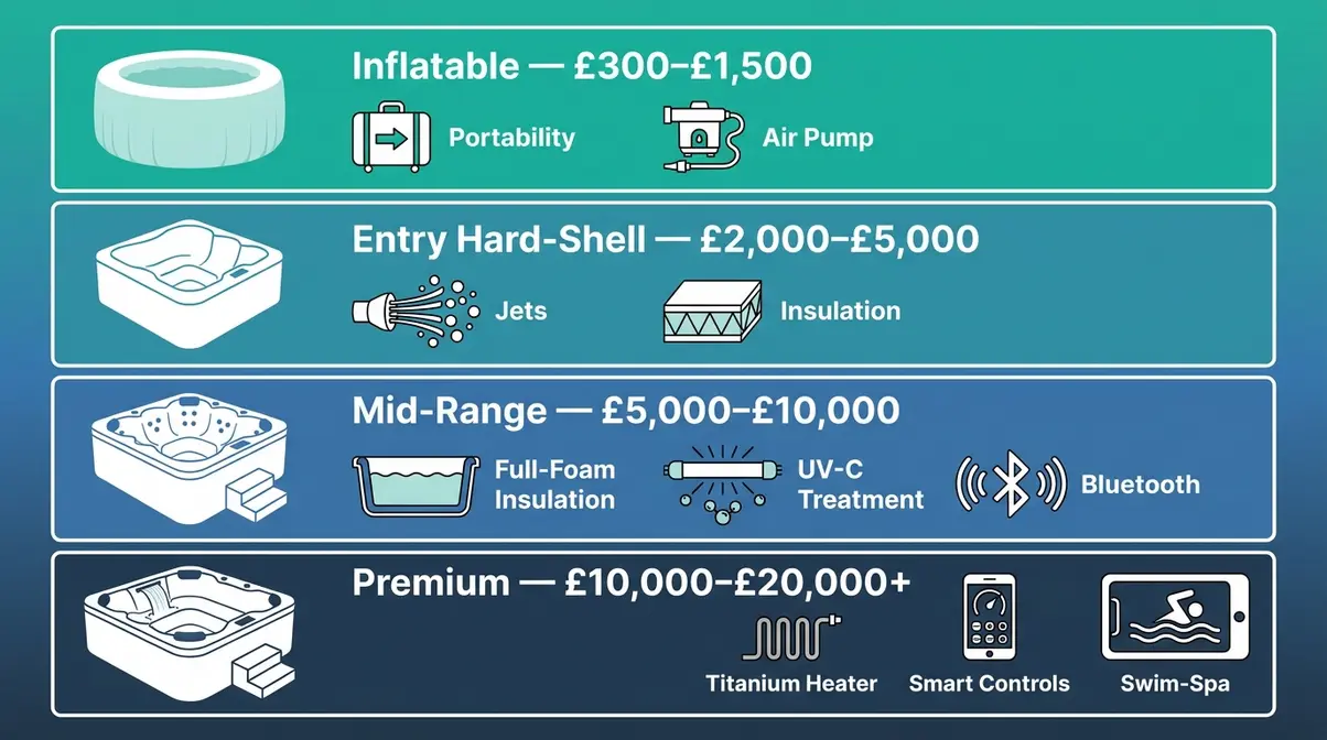 How Much Do Hot Tubs Cost UK? 2026 Full Price Guide 2 How much do hot tubs cost UK price tiers 2026 from inflatable to premium spa