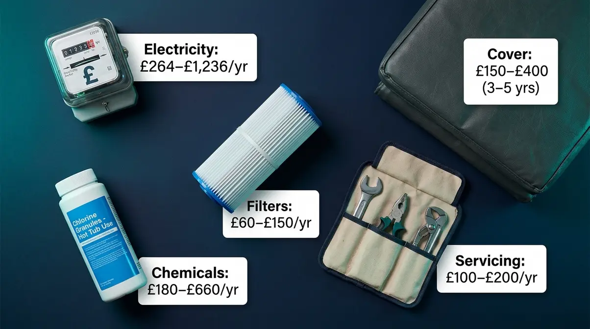 How Much Do Hot Tubs Cost UK? 2026 Full Price Guide 3 UK hot tub running costs breakdown showing electricity chemicals filters servicing and cover costs