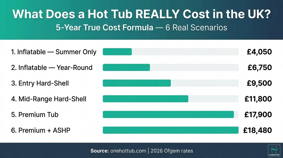 How Much Do Hot Tubs Cost UK? 2026 Full Price Guide 11 Hot tub 5-year cost UK 2026 comparison all six ownership scenarios shareable infographic
