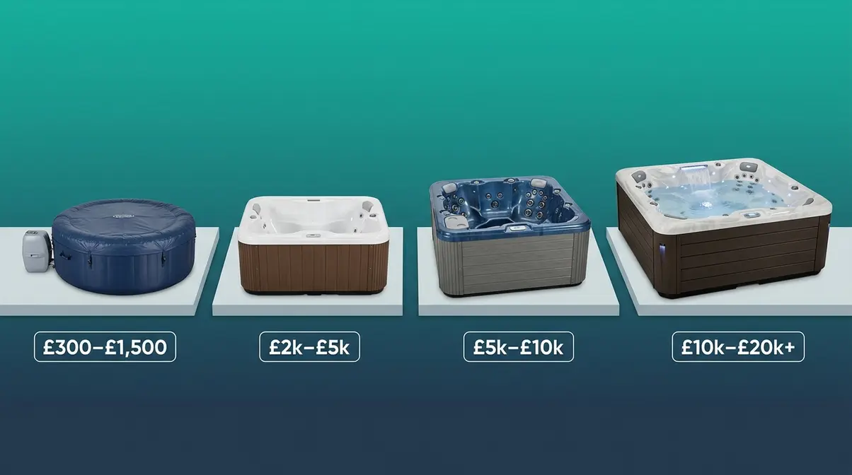 How Much Do Hot Tubs Cost UK? 2026 Full Price Guide 1 Four UK hot tub price tiers side by side from inflatable to premium luxury spa models