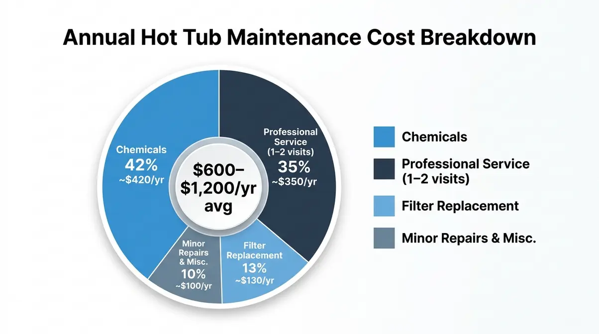 Pie chart showing annual hot tub maintenance cost breakdown including chemicals, filters, and professional service