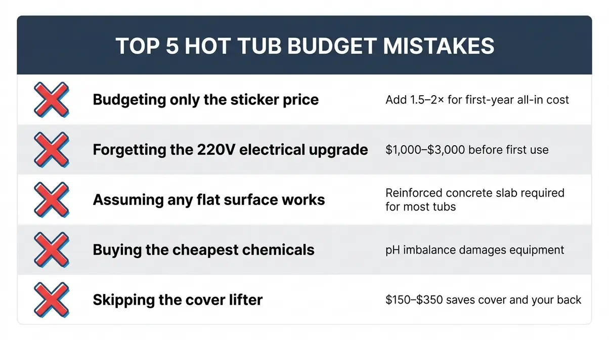 Illustrated checklist of top five hot tub budget mistakes including forgetting electrical costs and underestimating monthly expenses