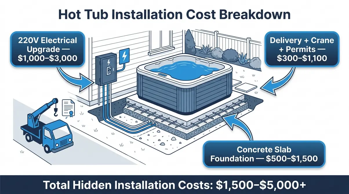 Diagram of hidden hot tub installation costs including electrical wiring, concrete slab, and delivery fees