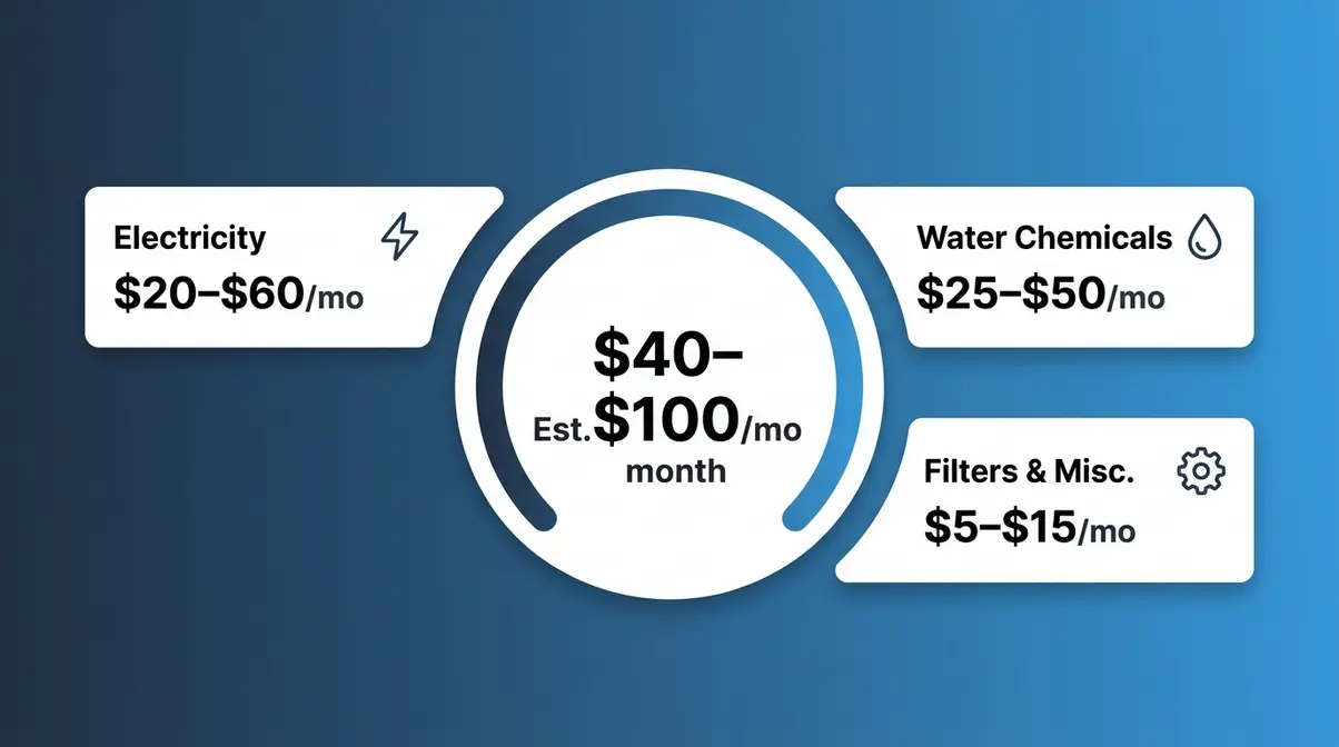 Monthly hot tub running cost breakdown showing electricity, chemical, and filter expenses totaling $40 to $100