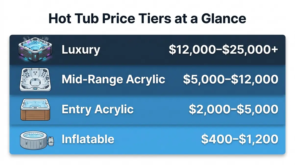Infographic comparing hot tub price tiers from inflatable at $400 to luxury spa models above $12,000
