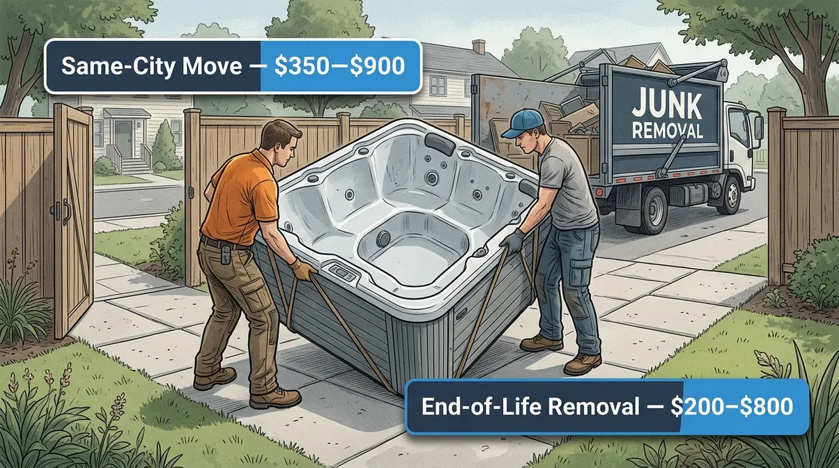 Hot tub removal and moving cost illustration showing workers transporting a spa with cost labels