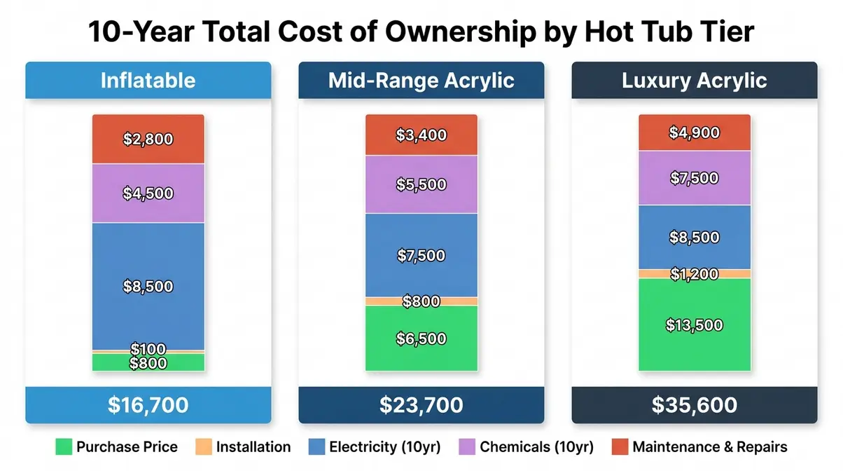 Chart comparing 10-year total hot tub ownership costs across inflatable, mid-range, and luxury spa tiers