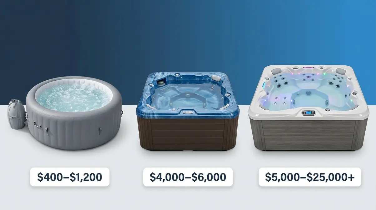 Side-by-side comparison of inflatable, plug-and-play acrylic, and hard-wired hot tub types with cost ranges