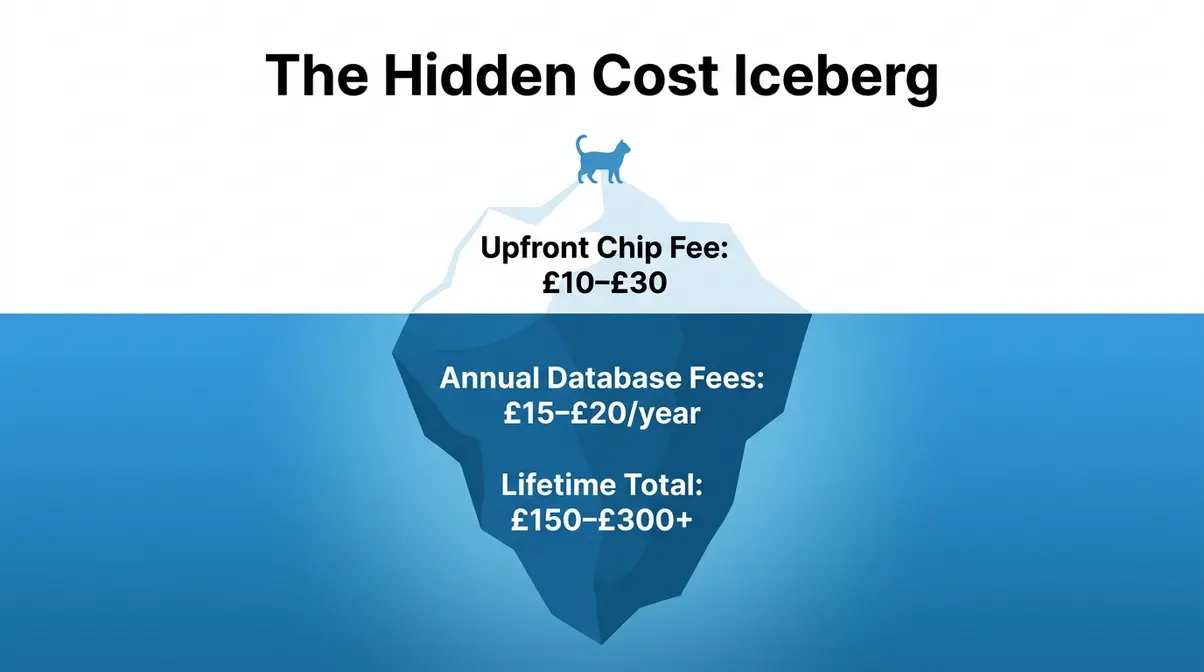 Iceberg diagram showing hidden annual database fees beneath the visible upfront cat microchipping cost in the UK
