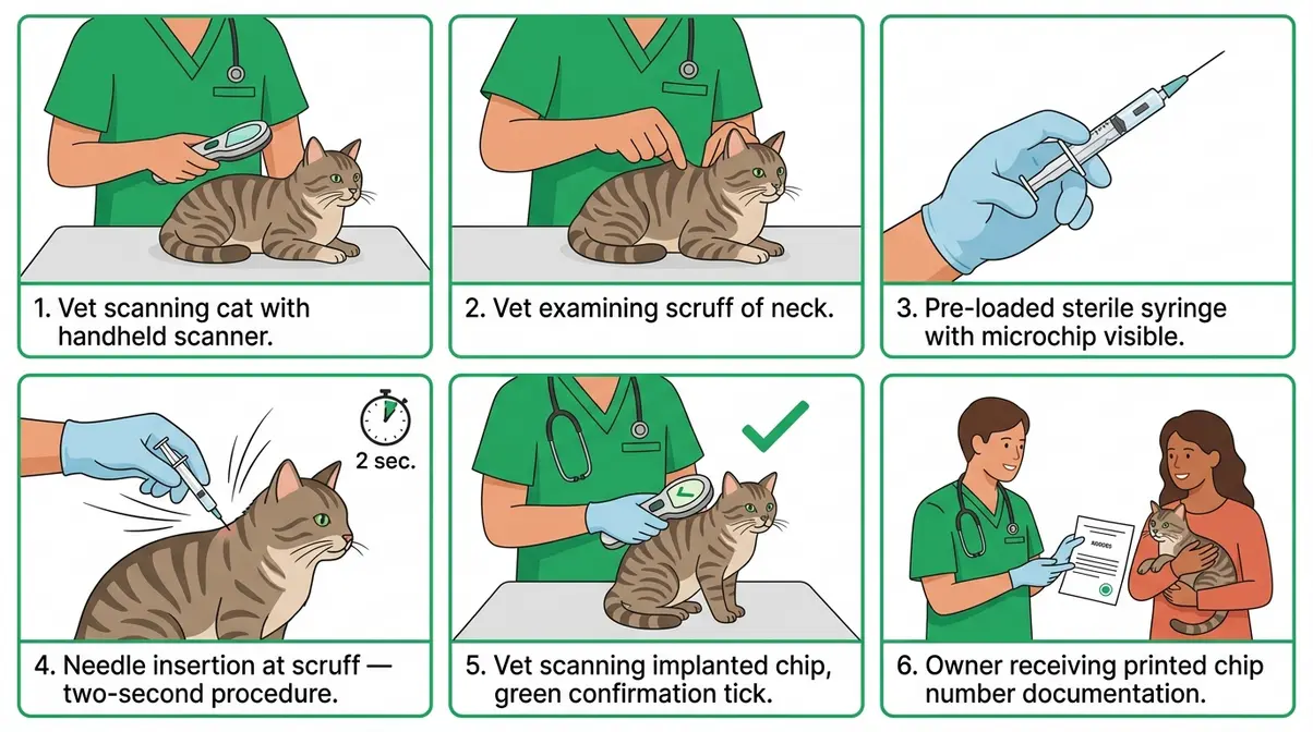 Step-by-step illustration of cat microchip implantation procedure at a UK veterinary appointment