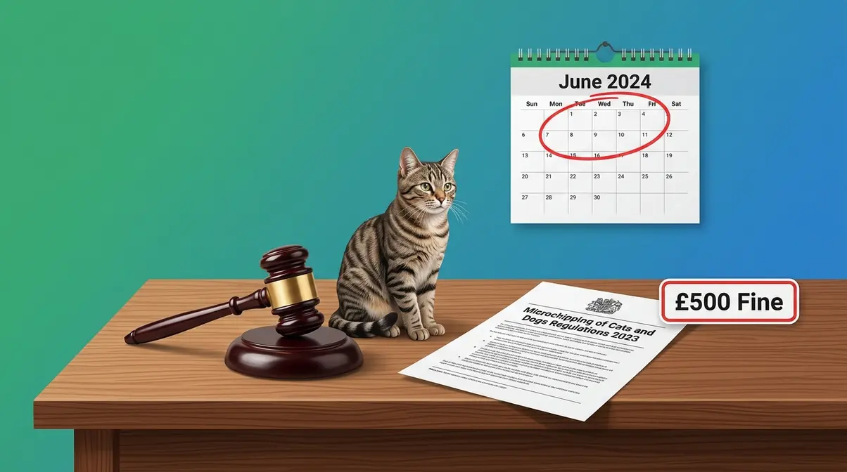 UK legal document and gavel representing mandatory cat microchipping law in England from 2024