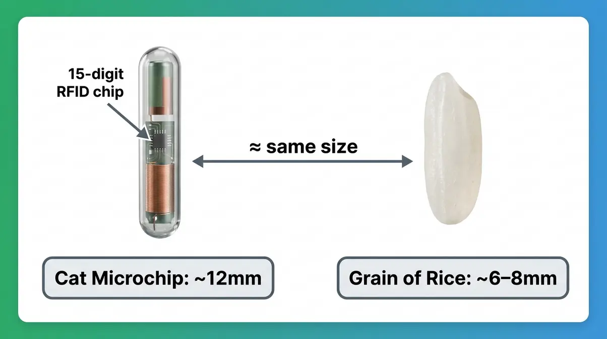 Diagram comparing cat microchip size to a grain of rice for scale reference