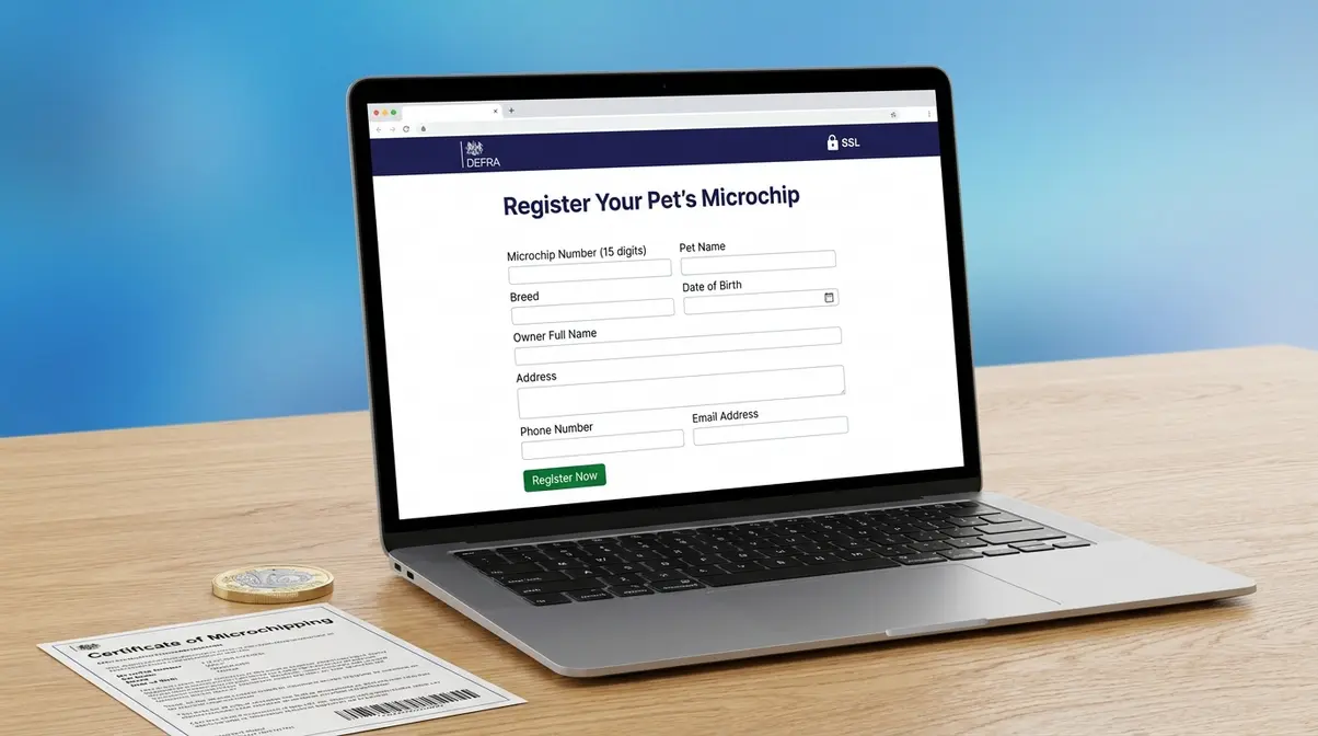DEFRA-approved cat microchip database registration portal on a laptop screen