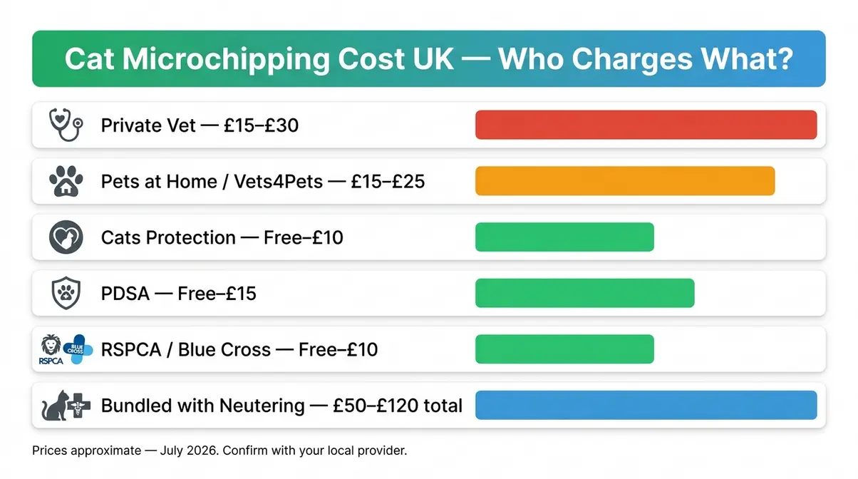 Infographic comparing cat microchipping costs across UK vets, charities and pet stores