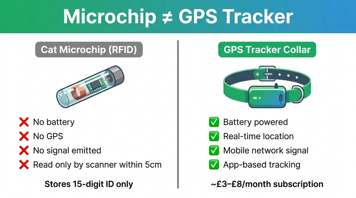Infographic comparing RFID cat microchip with GPS tracker collar showing how microchip a cat UK works versus real-time location tracking