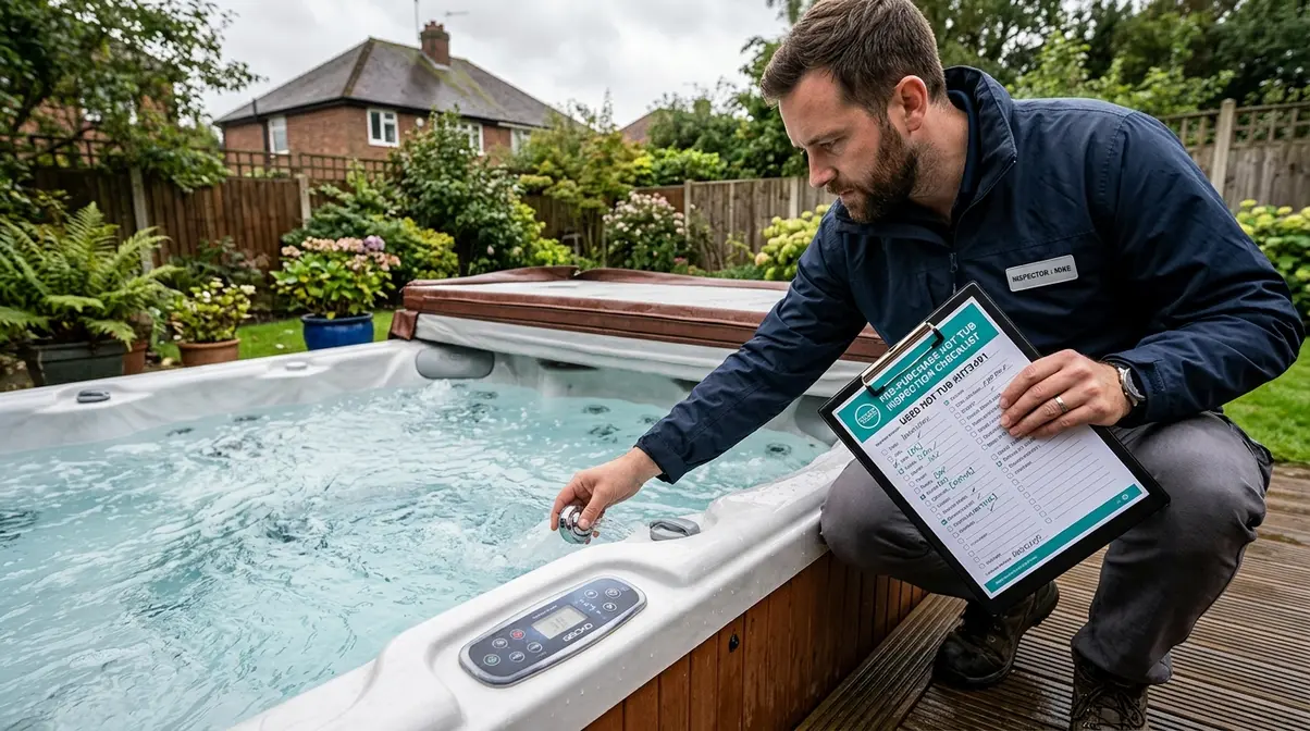 How Much Is a Second-Hand Hot Tub Worth UK? (2026) 5 Person inspecting a used hot tub before purchase in a UK garden with a checklist