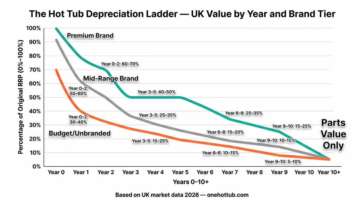 How Much Is a Second-Hand Hot Tub Worth UK? (2026) 3 Infographic showing second-hand hot tub depreciation by year for premium, mid-range and budget brands UK