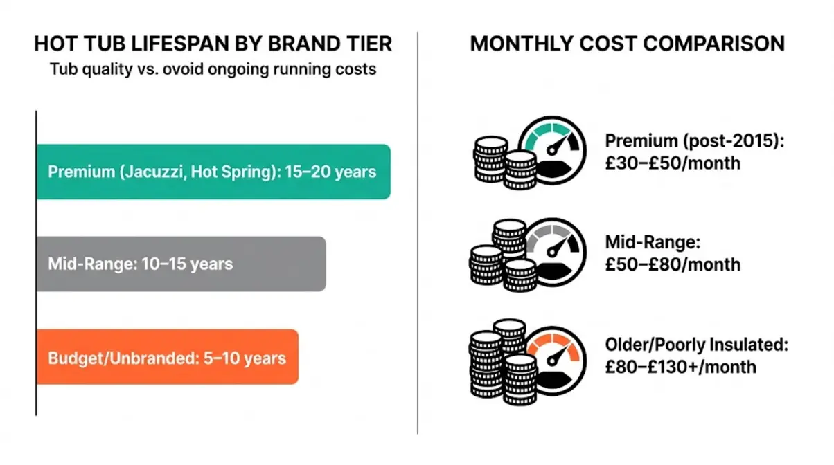 How Much Is a Second-Hand Hot Tub Worth UK? (2026) 10 Infographic comparing hot tub lifespan and monthly running costs by brand tier in the UK