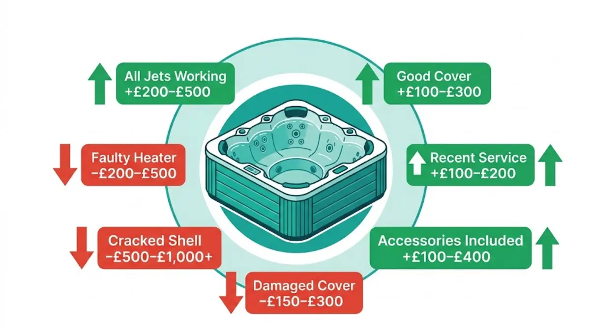 How Much Is a Second-Hand Hot Tub Worth UK? (2026) 4 Visual showing condition factors that increase or decrease second-hand hot tub value in the UK