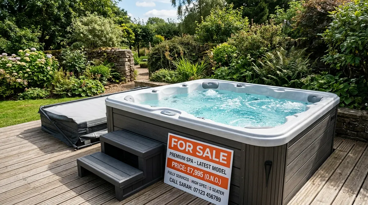 How Much Is a Second-Hand Hot Tub Worth UK? (2026) 8 Well-prepared used hot tub ready for private sale in a UK garden with a for sale sign