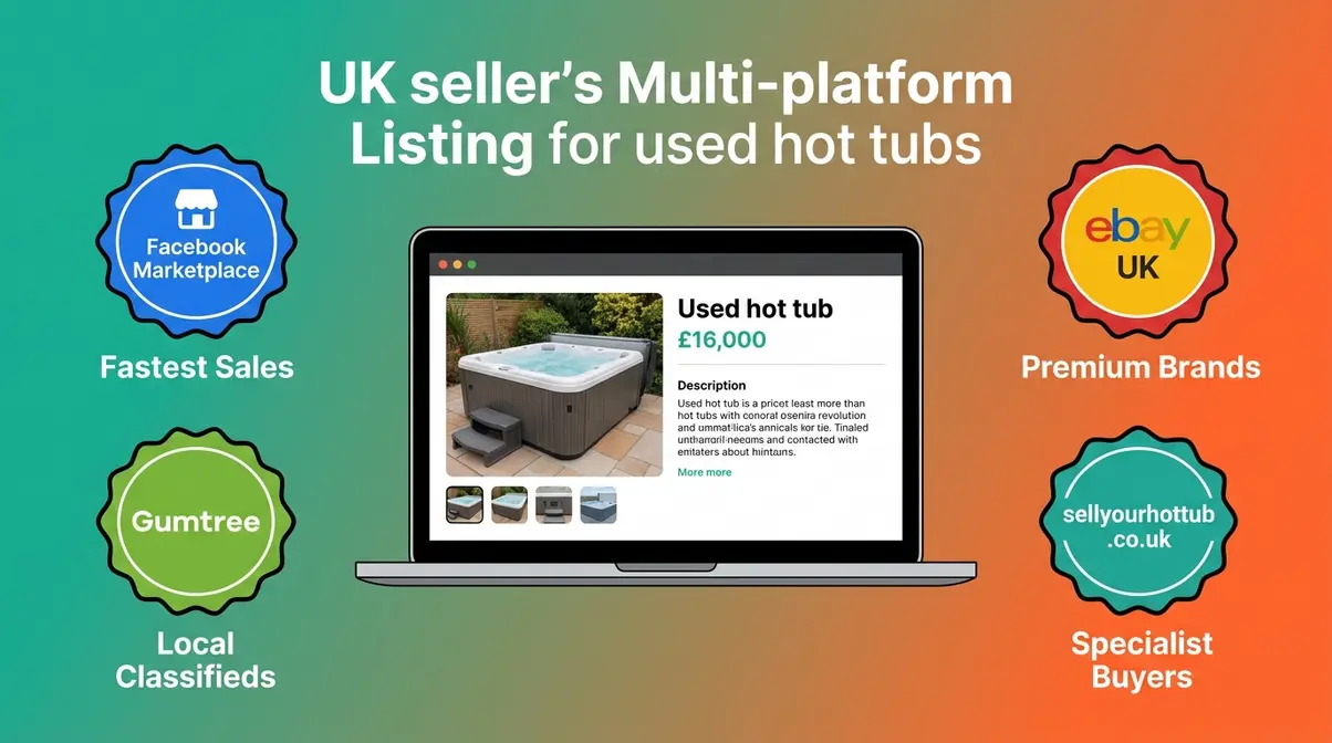 How Much Is a Second-Hand Hot Tub Worth UK? (2026) 9 Illustration of UK platforms for selling a used hot tub including Facebook Marketplace and eBay