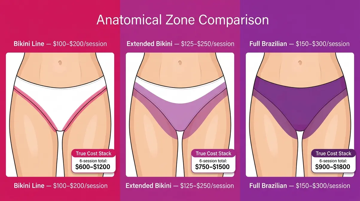 Bikini line versus Brazilian laser hair removal treatment zone comparison with per-session cost ranges