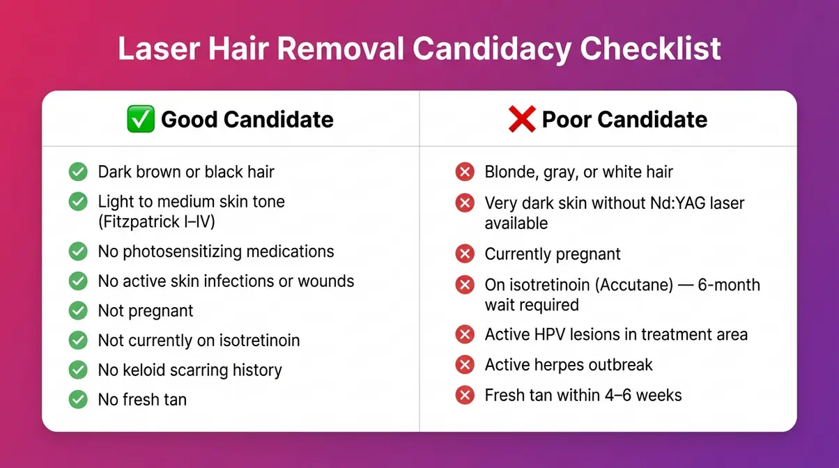 Laser hair removal candidacy checklist comparing good candidate traits versus poor candidate disqualifying factors