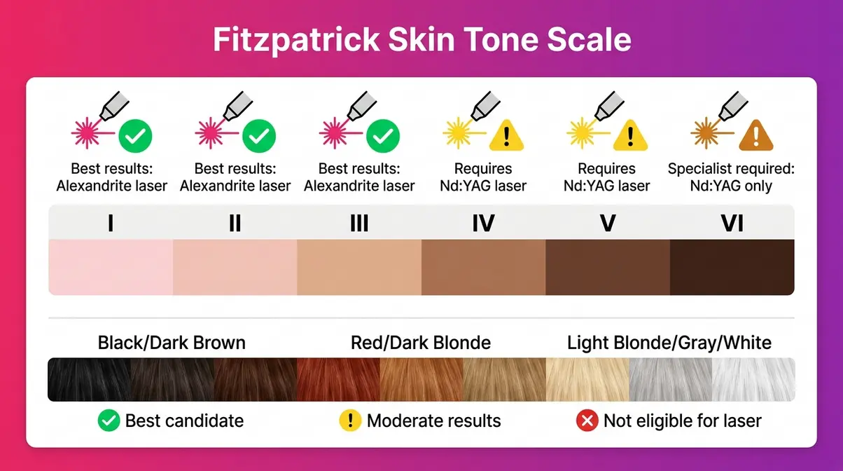Fitzpatrick skin tone scale diagram showing laser hair removal candidacy and recommended laser types by skin tone