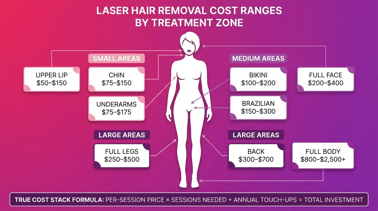 Laser hair removal cost breakdown infographic showing price ranges by body area from small to large treatment zones