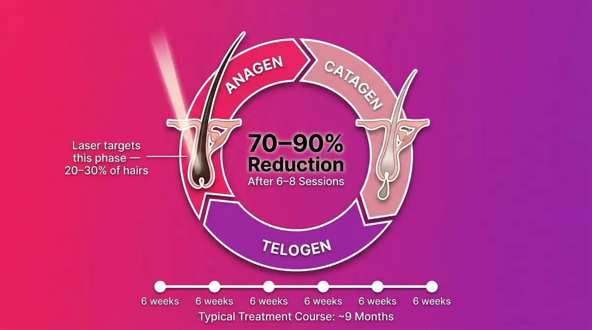 Hair growth cycle diagram showing anagen phase targeted by laser hair removal for permanent reduction
