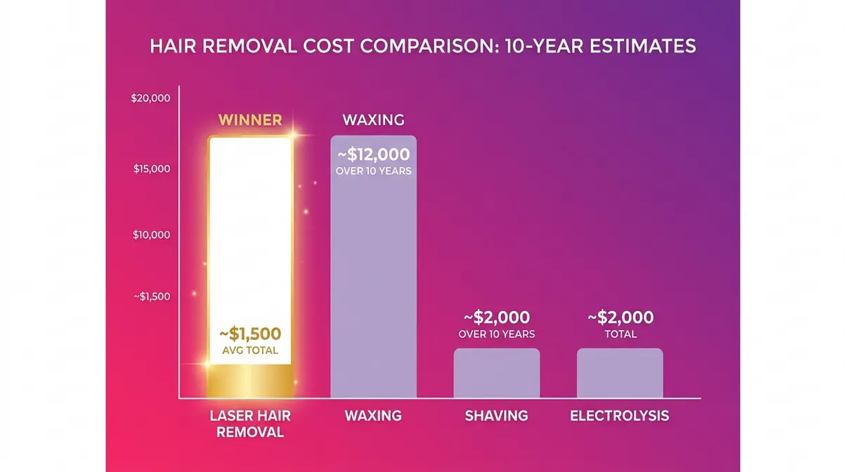 Bar chart comparing laser hair removal ten-year cost versus waxing shaving and electrolysis alternatives