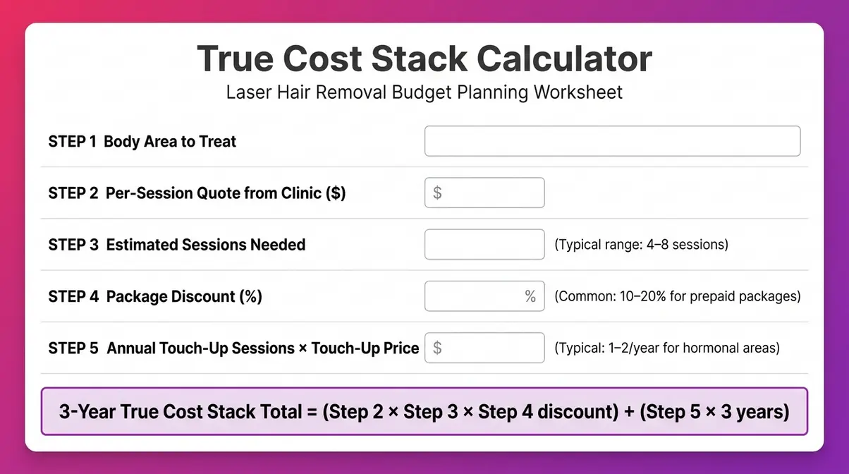 Laser hair removal True Cost Stack calculator worksheet with five fillable steps for budget planning