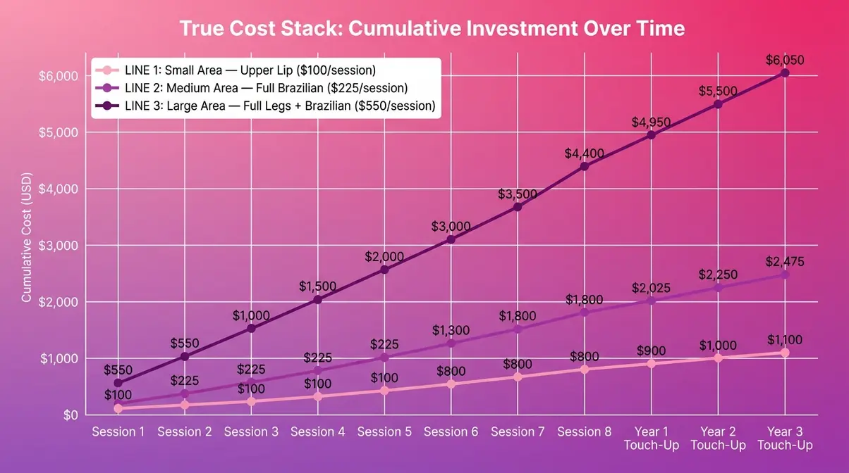 Line chart showing cumulative laser hair removal True Cost Stack for small medium and large body areas over eight sessions
