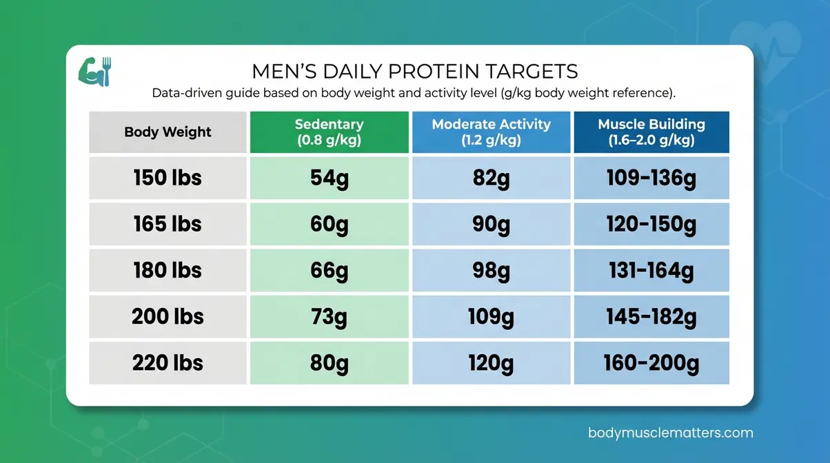 Daily protein requirements in grams for men at 150 to 220 lbs across sedentary, moderate, and muscle-building activity levels