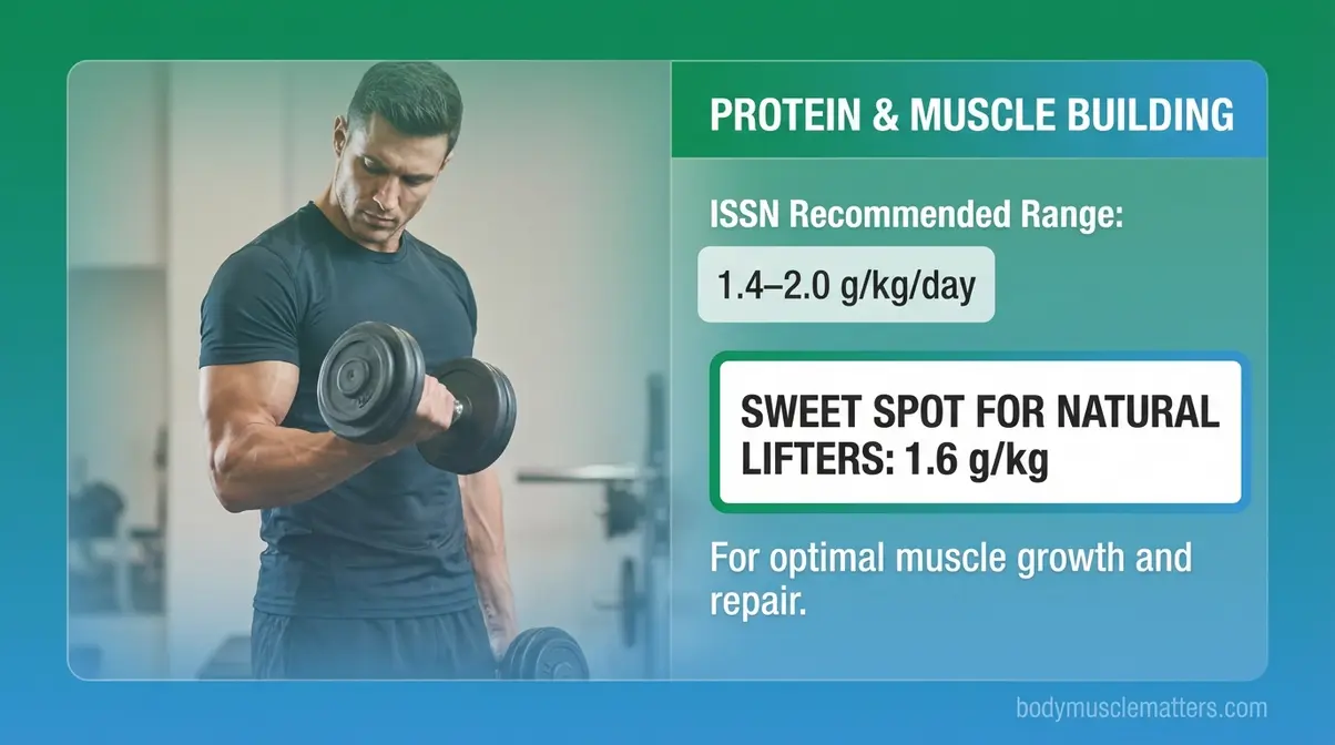 Man performing dumbbell curl with protein intake data panel showing the ISSN recommended range of 1.4 to 2.0 grams per kilogram for muscle building