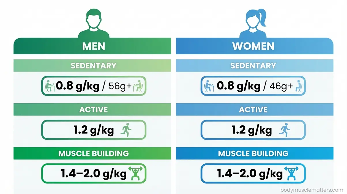 Infographic comparing daily protein needs in grams per kilogram for sedentary, active, and muscle-building men and women