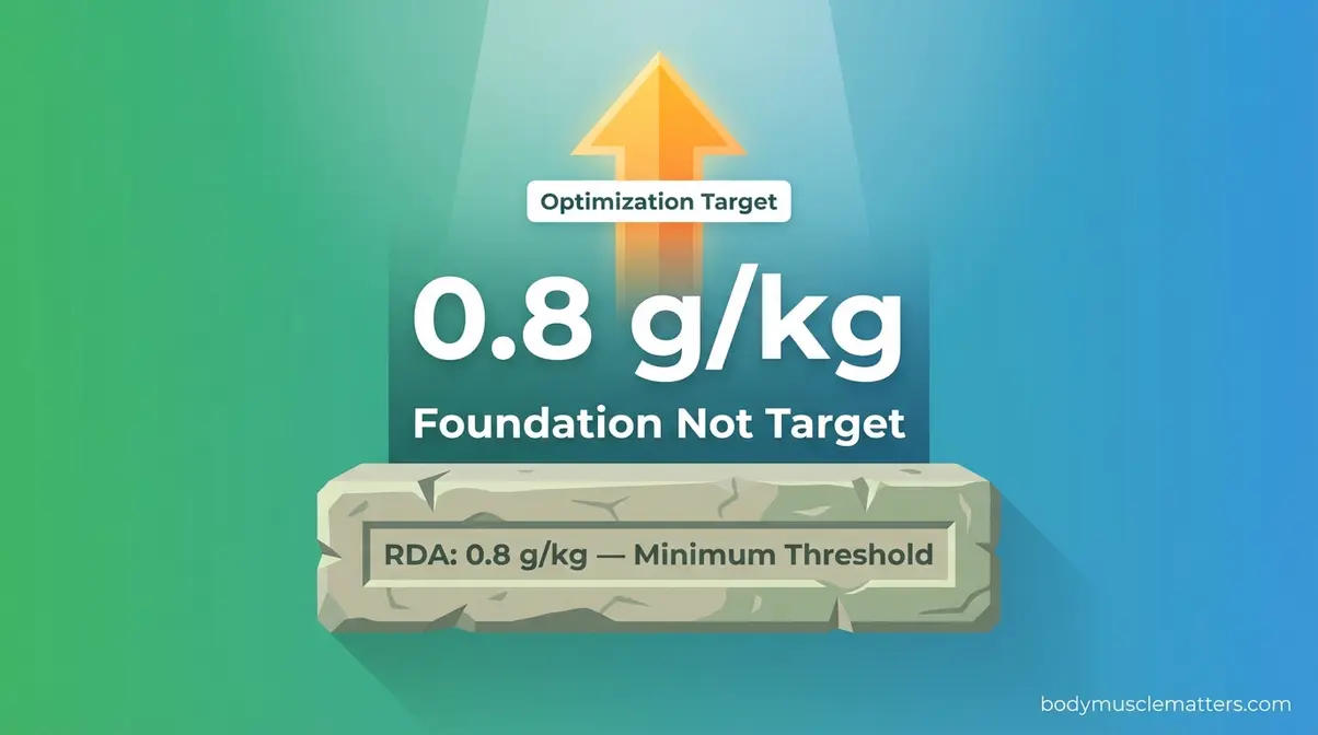 Diagram showing the protein RDA baseline of 0.8 grams per kilogram as a minimum threshold, not a health target for men