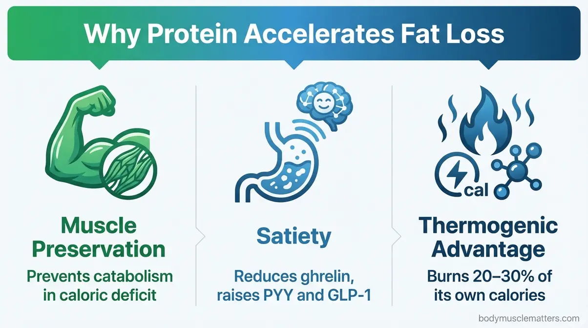 Three-column infographic showing protein's mechanisms for weight loss — muscle preservation, satiety, and thermogenic advantage
