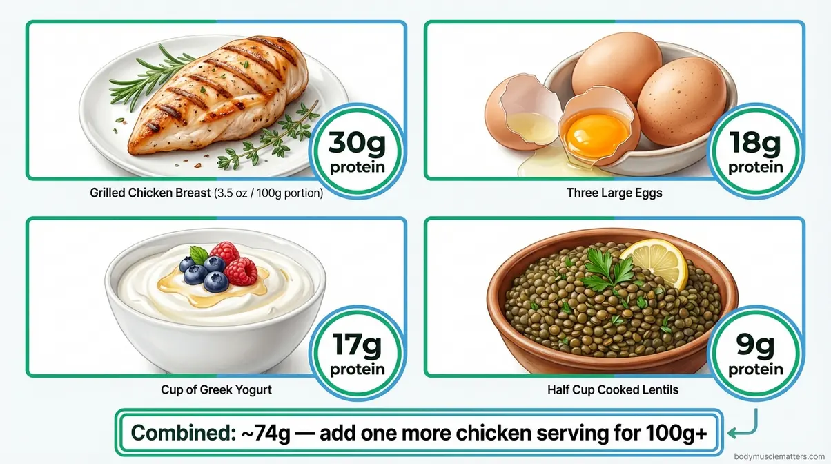Illustrated guide showing portion sizes of chicken breast, eggs, Greek yogurt, and lentils adding up to 100 grams of protein