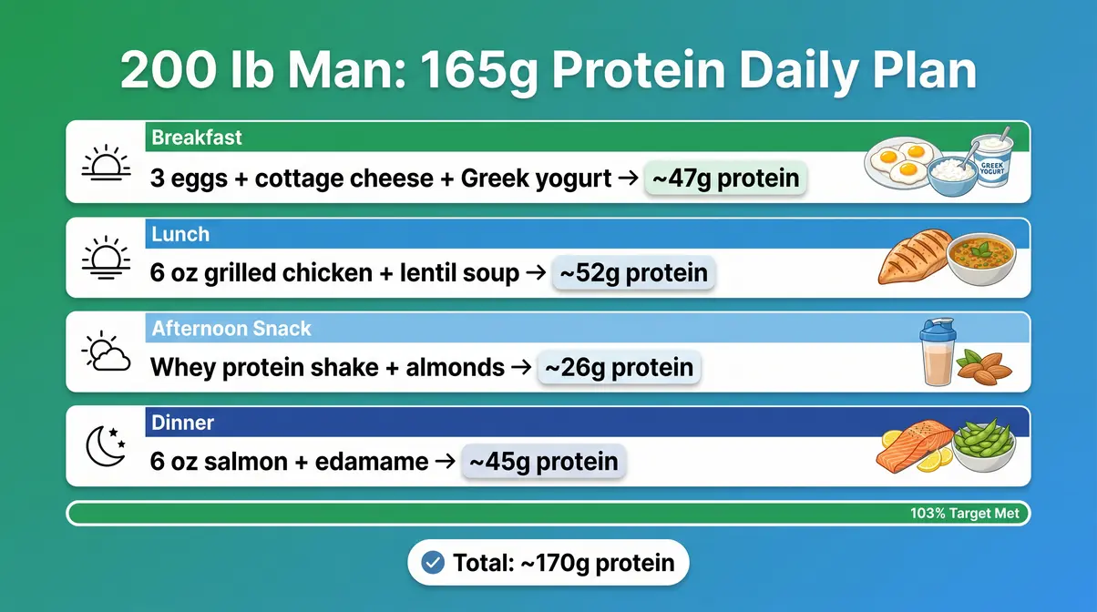 Daily meal plan infographic for a 200 lb man showing how to reach 165 grams of protein to build muscle