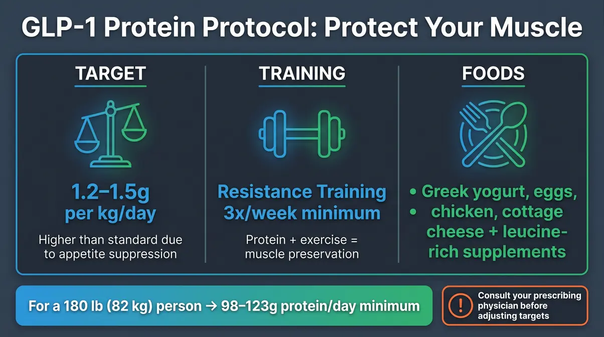 GLP-1 protein protocol infographic showing 1.2 to 1.5 grams per kilogram targets and muscle preservation strategies for tirzepatide users