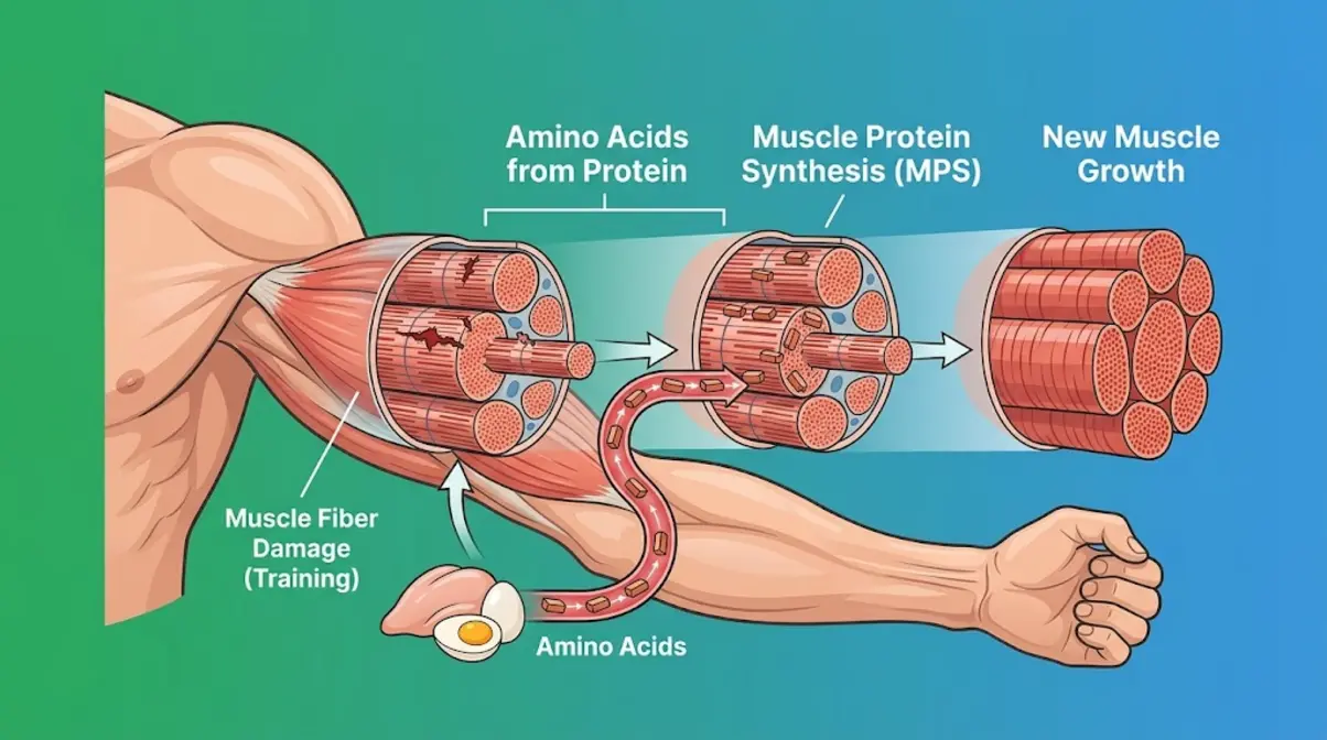 Illustration of muscle protein synthesis showing how amino acids from food repair and build muscle fibers after training