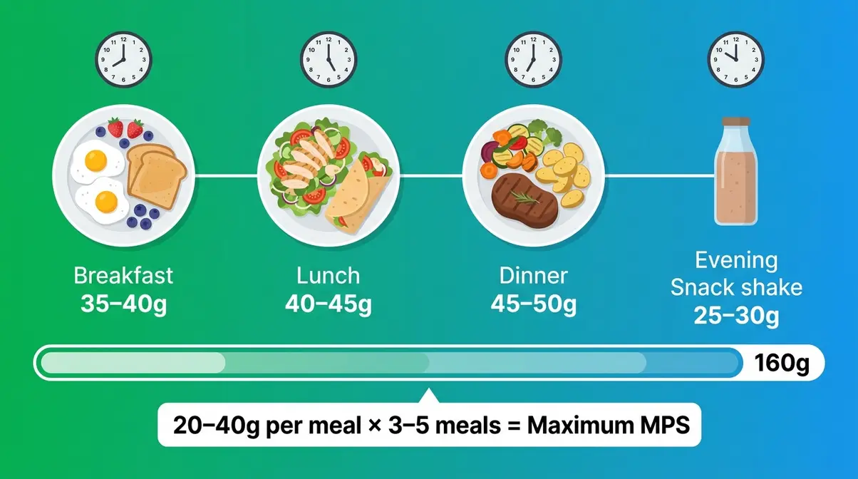 Meal distribution diagram showing protein spread across four daily meals totaling 160 grams for muscle building