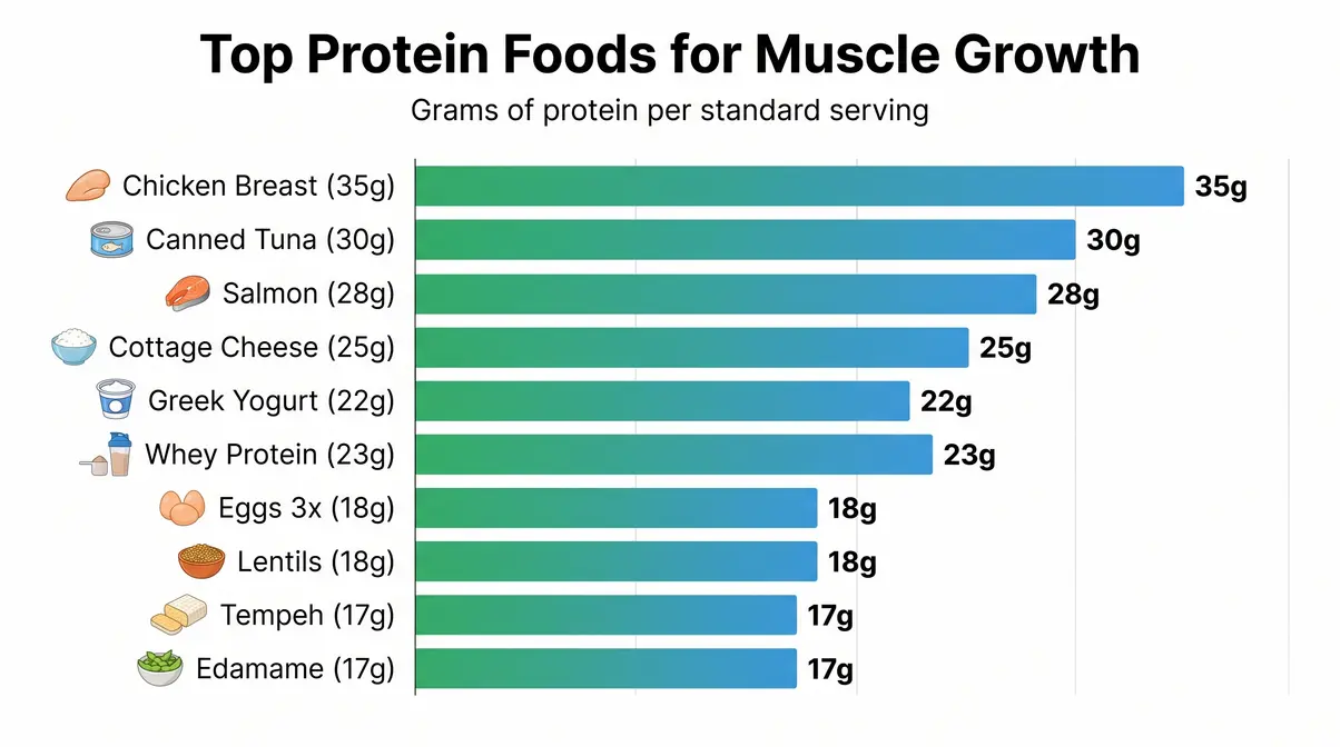 Horizontal bar chart ranking high-protein foods by grams per serving for muscle building