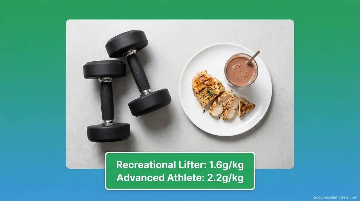 Protein targets for muscle building showing 1.6g per kg for recreational lifters and 2.2g per kg for advanced athletes