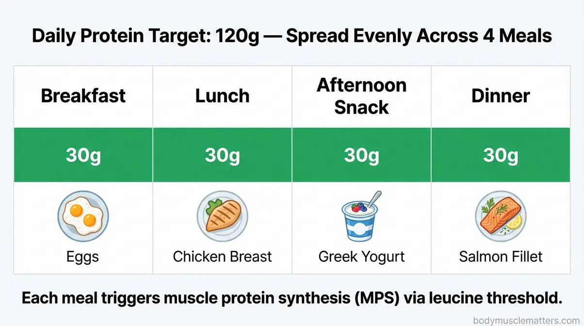 Visual guide showing how to spread 120–150 grams of daily protein intake across four meals of 25–30 grams each for muscle building