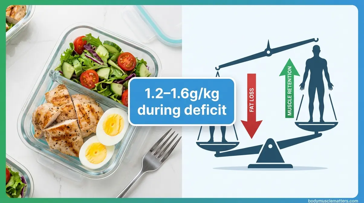 Protein for weight loss visual showing 1.2 to 1.6g per kg target during a calorie deficit to preserve lean muscle