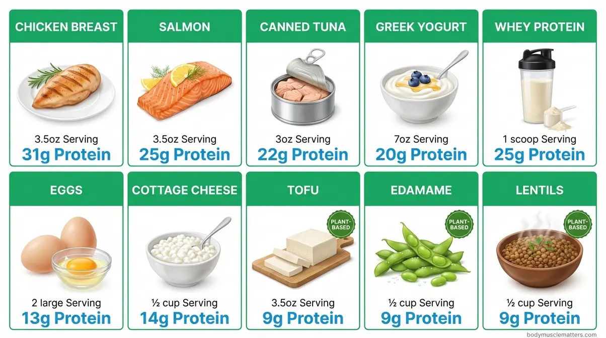 Visual guide showing how much protein per day looks like across ten different foods, including plant-based options