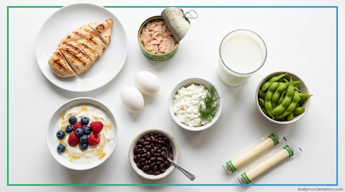 Top high-protein foods for teenagers including chicken, eggs, Greek yogurt, tuna, and beans arranged on white surface