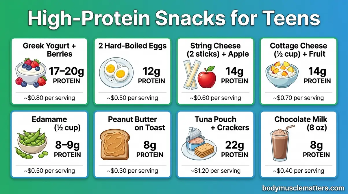 High protein snacks for teenagers visual chart with grams per serving and cost